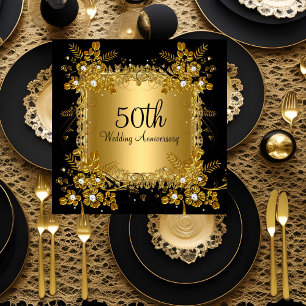 Invitation 50e Anniversaire Or Diamant noir floral torale