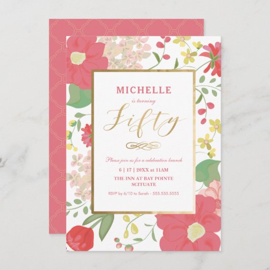 Invitation 50e Anniversaire - Or, Elégant Floral (Devant / Derrière)