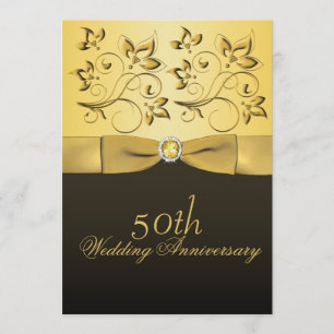 Invitation 50e Anniversaire Or et Noir Floral Bijou