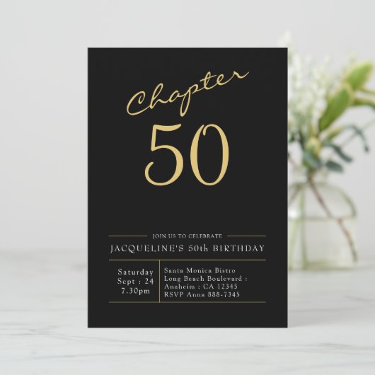 Invitation 50e Anniversaire Or Script moderne Noir (Debout devant)