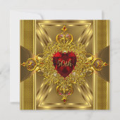Invitation 50e Anniversaire Ornate Rouge Bijoux Coeur Or (Devant)