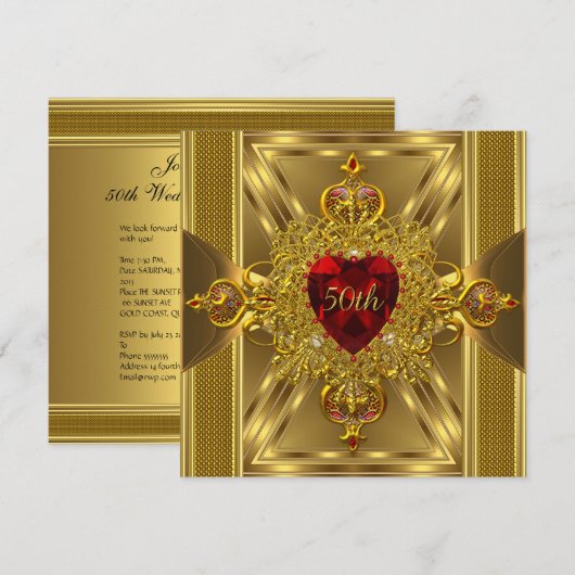 Invitation 50e Anniversaire Orné Rouge Bijou Cœur Or (Devant / Derrière)