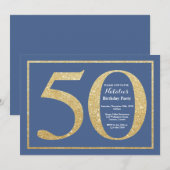 Invitation 50e anniversaire Parties scintillant bleue et or (Devant / Derrière)