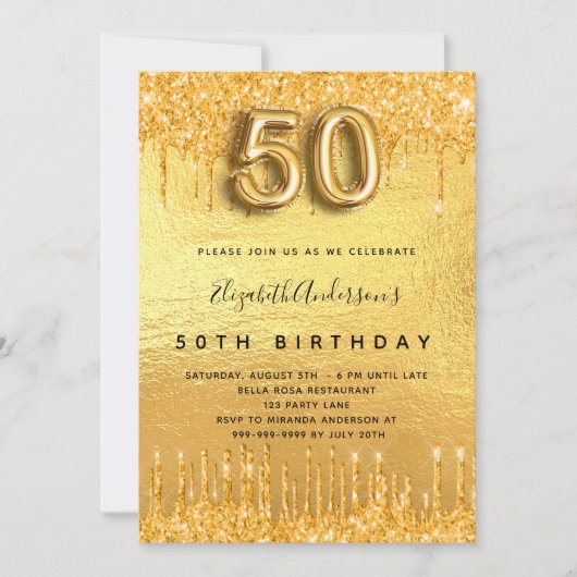 Invitation 50e anniversaire parties scintillant or gouttes (Devant)