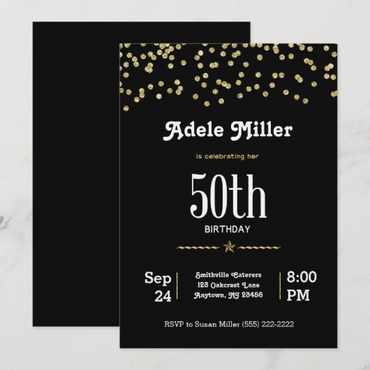Invitation 50e anniversaire personnalisable avec or brillant (Devant / Derrière)
