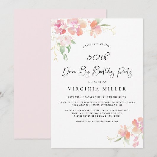 Invitation 50e anniversaire Pink and Gold Floral Drive By Par (Devant / Derrière)