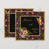 Invitation 50e anniversaire Pink Floral Butterfly Gold Black (Devant / Derrière)