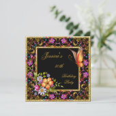 Invitation 50e anniversaire Pink Floral Butterfly Gold Black (Debout devant)