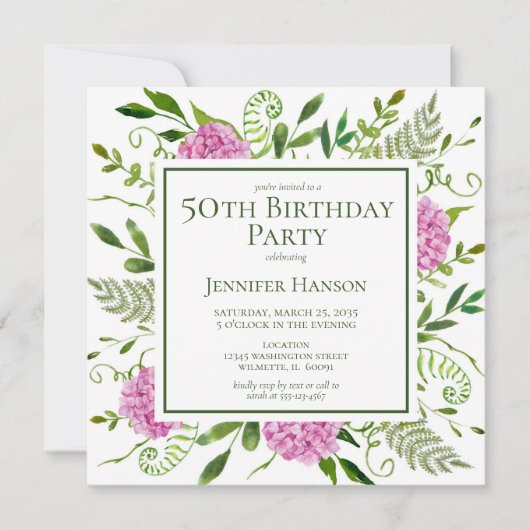 Invitation 50e anniversaire Pink Hydrangeas (Devant)