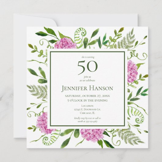 Invitation 50e anniversaire Pink Hydrangeas (Devant)