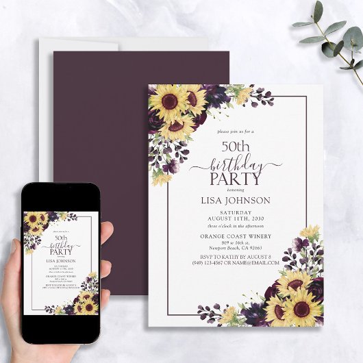 Invitation 50e Anniversaire Plum violet Tournesol Aquarelle