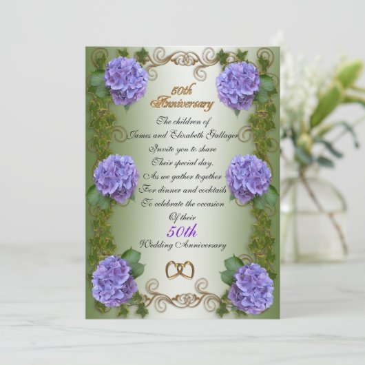 Invitation "50e anniversaire" pour les parents, hydrangea flo (Debout devant)