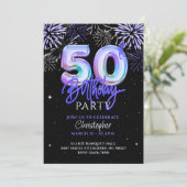 Invitation 50e anniversaire pour lui Blue Fireworks Foil Ball (Debout devant)