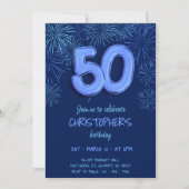 Invitation 50e anniversaire pour lui Blue Foil Balloon Firewo (Devant)