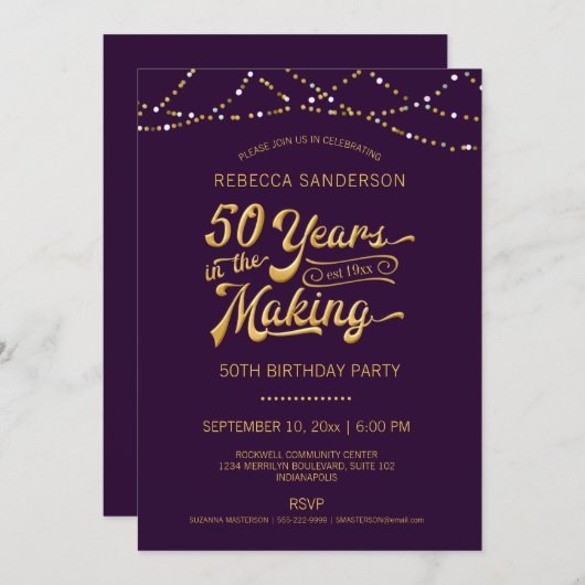 Invitation 50e anniversaire Purple Gold String lumières (Devant / Derrière)