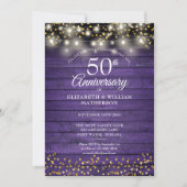 Invitation 50e Anniversaire Purple Rustic Wood Coeurs d'or (Devant)