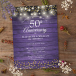 Invitation 50e Anniversaire Purple Rustic Wood Coeurs d'or<br><div class="desc">Doté de jolies lampes à cordes et de délicats coeurs d'amour dorés confettis sur un arrière - plan de panneaux de bois rustique violet. Personnalisez avec vos informations spéciales cinquantième anniversaire d'or en lettres chic. Conçu par Thisisnotme©</div>