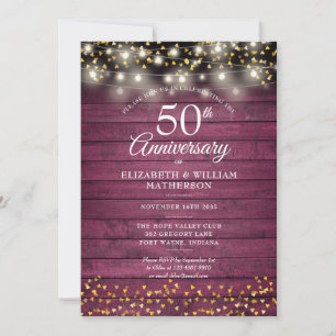 Invitation 50e Anniversaire Red Rustic Wood Gold Hearts