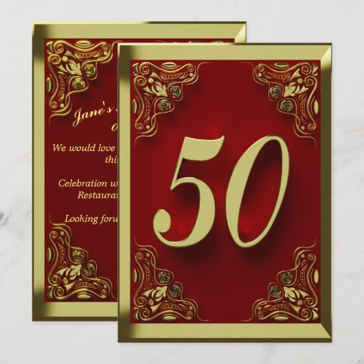 Invitation 50e anniversaire Regal Gold Red Greeting ou (Devant / Derrière)