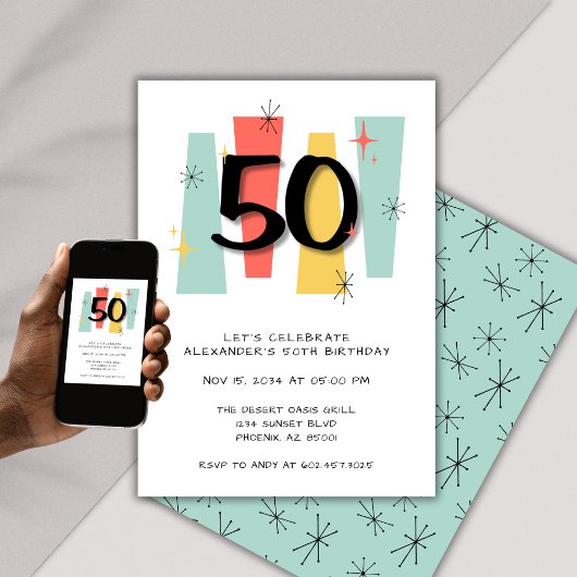 Invitation 50e anniversaire Retro Midsiècle moderne coloré