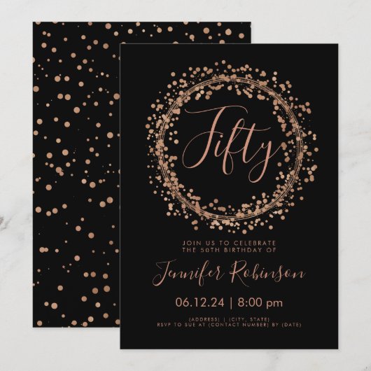 Invitation 50e anniversaire Rose de fête Gold Black Confetti (Devant / Derrière)
