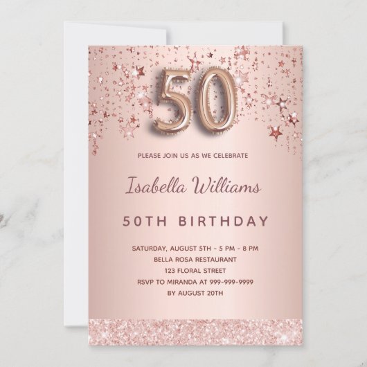 Invitation 50e anniversaire rose étoiles rose or (Devant)