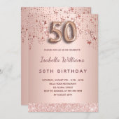 Invitation 50e anniversaire rose étoiles rose or (Devant / Derrière)