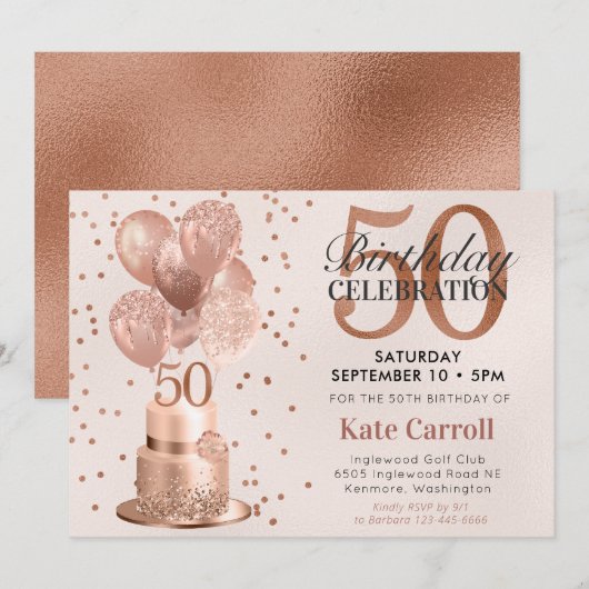 Invitation 50e anniversaire Rose Gold Cake (Devant / Derrière)