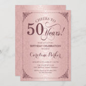 Invitation 50e anniversaire - Rose Gold Damask (Devant / Derrière)