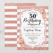 Invitation 50e anniversaire - Rose Gold White Stripes (Devant / Derrière)