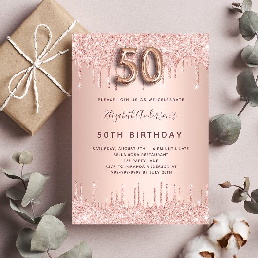 Invitation 50e anniversaire rose gouttes de rougissement or