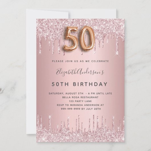 Invitation 50e anniversaire rose poussiéreux parties scintill (Devant)