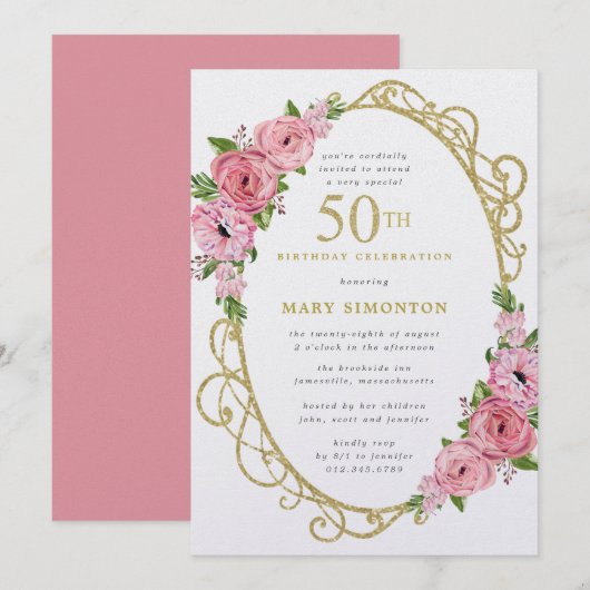 Invitation 50e anniversaire Rose Rose Floral Gold (Devant / Derrière)