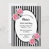 Invitation 50e anniversaire rose roses noir blanc rayures (Devant)