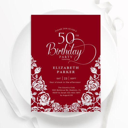 Invitation 50e anniversaire Roses d'argent rouge