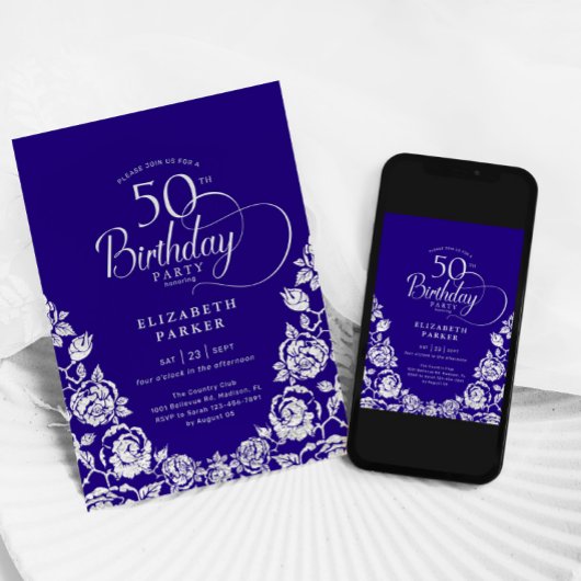 Invitation 50e anniversaire Roses d'argent violet