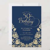 Invitation 50e Anniversaire Roses Or Navy (Devant)