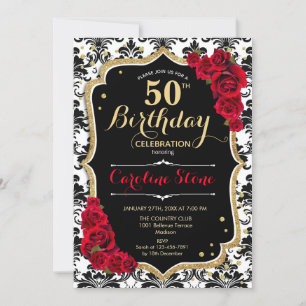 Invitation 50e anniversaire - Roses rouges Or noir Damas