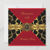 Invitation 50e anniversaire Rouge Or Noir Damas fleuri Bijou (Devant)
