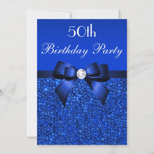 Invitation 50e anniversaire Royal Blue Sequins Bow et Diamond (Devant)