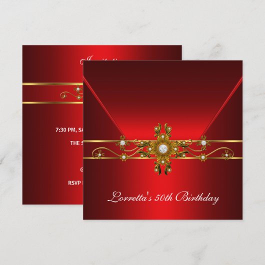 Invitation 50e anniversaire Royal Red Elegant Gold Jewel (Devant / Derrière)