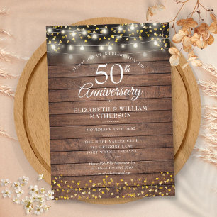 Invitation 50e anniversaire Rustic Gold Hearts lumières à cor