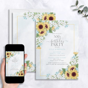 Invitation 50e anniversaire Rustique Dusty Blue Sunflower Scr