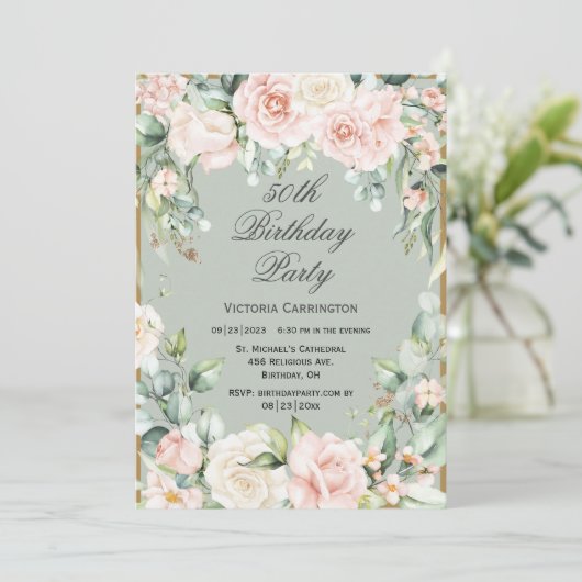 Invitation 50e Anniversaire Sage vert rose (Debout devant)