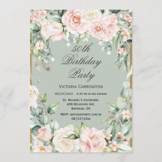 Invitation 50e Anniversaire Sage vert rose (Devant)