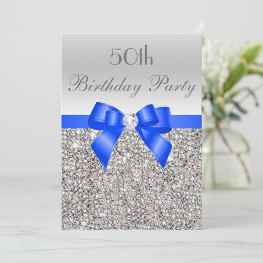 Invitation 50e anniversaire Séquin d'argent Royal Blue Bow Di (Debout devant)