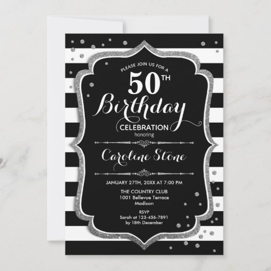 Invitation 50e anniversaire - Silver Black White Stripes (Devant)