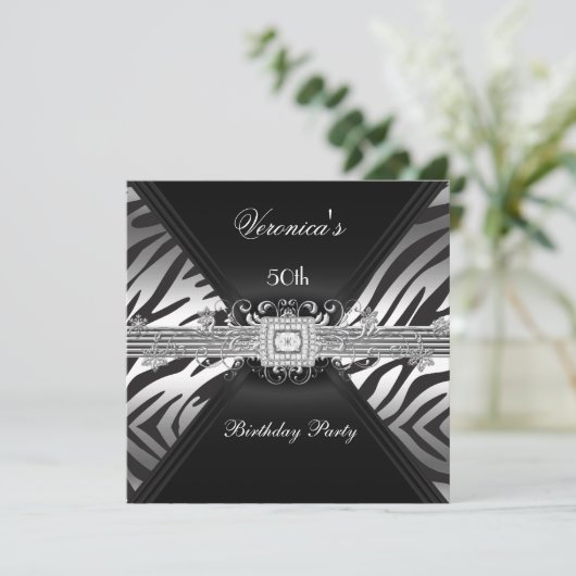 Invitation 50e anniversaire Silver Black Zebra Diamond Image (Debout devant)