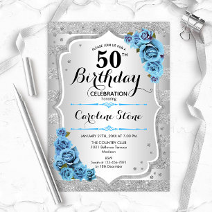 Invitation 50e anniversaire - Silver Stripes Icy Blue Roses