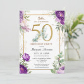 Invitation 50e Anniversaire Soirée Elegant Gold Purple Peony (Debout devant)